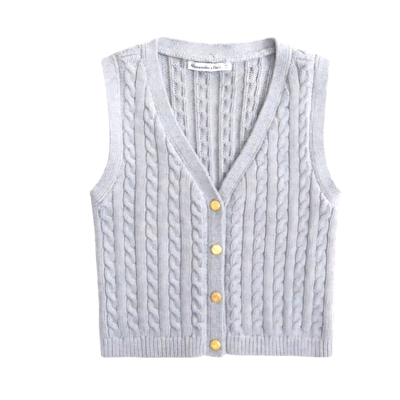 Abercrombie & Fitch Mara Cable Button Up Sweater Vest, Gray, XS - Picture 1 of 5
